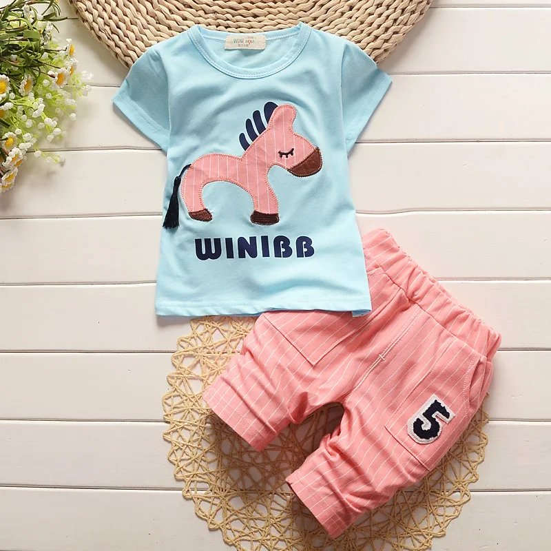 BibiCola 2018 summer baby boys clothes set toddler boy cartoon horse tops+stripe short pant 2pcs clothing children tracksuit |