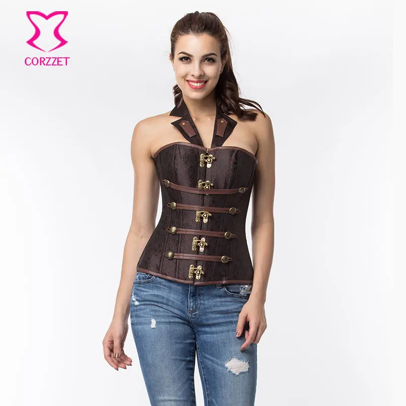 Brown Halter Collar Gothic Corselet Corset Overbust Steel Boned Corsets And Bustiers Steampunk Clothing Sexy Korsett For Women