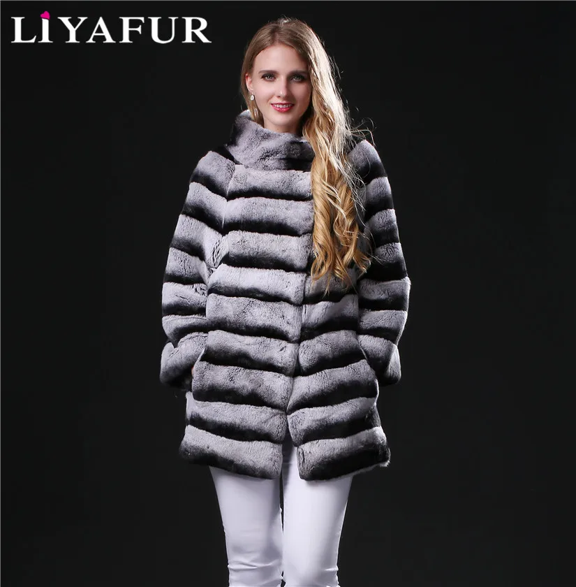 

LIYAFUR 2018 New Real Genuine Natural Chinchilla Rex Rabbit Fur Winter Stripe Overcoat Coat for Women Furry Coats Jacket