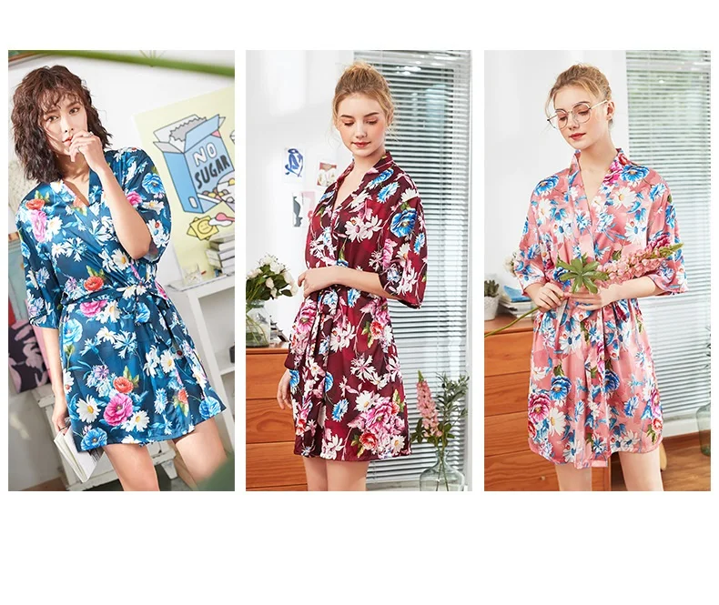 Women Bride Bridesmaid Robe Flower Satin Short Night Robe Sleepwear Night Dress Sexy Bathrobe Plus Size Female Flower NightGown