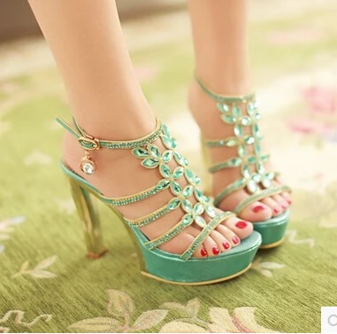 2015 New summer popular rhinestone fashion gold plated high-heeled sandals foot print wrapping gladiator | Обувь