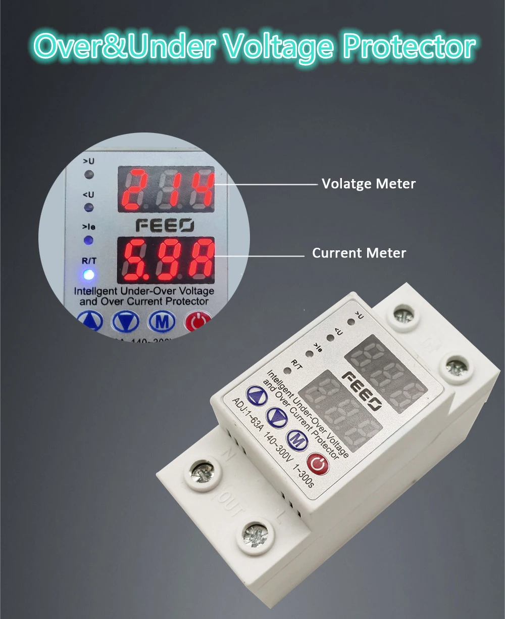 FEEO 1-63A 140-300V over voltage and under voltage protective device protector protection relay with voltmeter