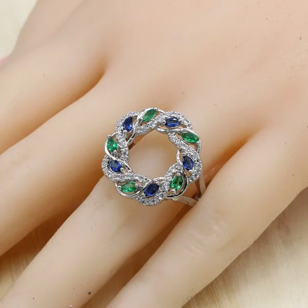 1PCS Синий и зеленый камни циркон женские серебряные 925 Ювелирные наборы серьги/кулон/ожерелье/кольца/браслеты для невесты набор коробка - Окраска металла: 1PCS