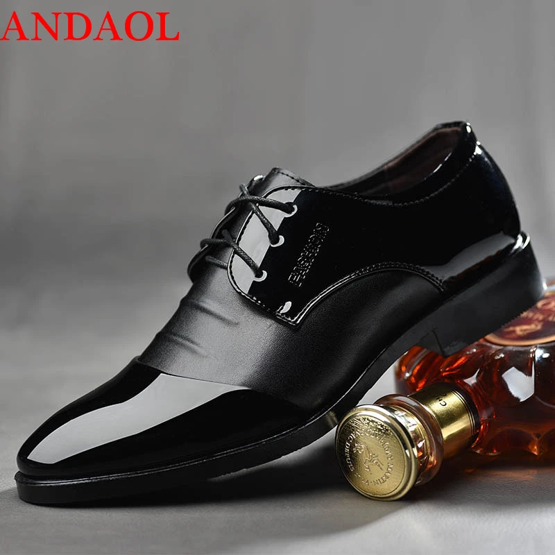 ANDAOL Men's Bright Leather Casual Shoes Top Quality Pointed Toe Business Office Luxury Lace-Up Wedding Dress Party | Обувь