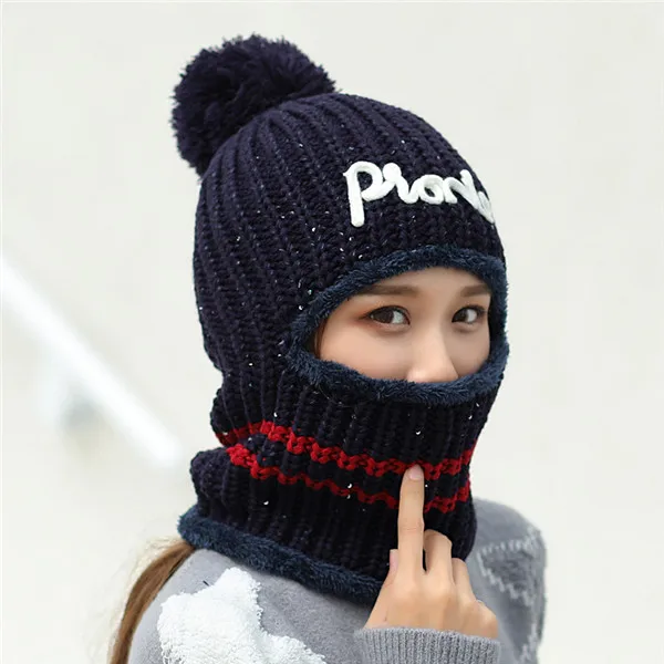 navy blue Новинка, зимняя разнофункциональная вязаная шапка с блестками, Женская Балаклава, маска, теплая плотная шапка Skullies Beanies, женская уличная Лыжная шапка - Цвет: navy blue