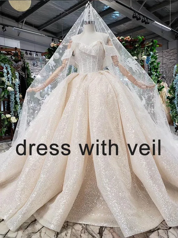 with veil HTL432 Блестящие Свадебные платья с блестками, со спущенными плечами, Специальный вырез, блестящие свадебные платья, новая мода, robe de mariee - Цвет: with veil
