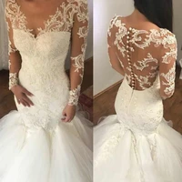 sexy mermaid wedding dresses illusion back with button lace appliques charming bridal dresses long sleeve v neck fashion wedding