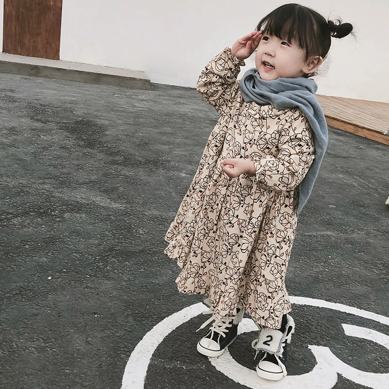 Зимняя одежда для маленьких девочек 2, 3, 4, 5, 6 лет, вельветовое модное платье с длинными рукавами и цветочным принтом теплая одежда для маленьких детей, Новинка