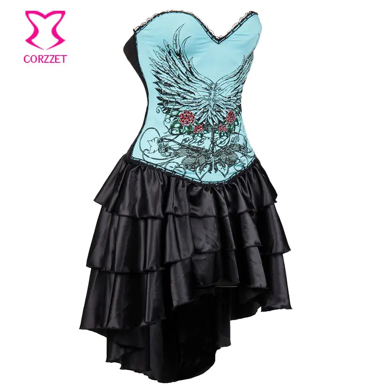 Хлопковые сексуальные готические платья Стразы с синим цветочным принтом корсет