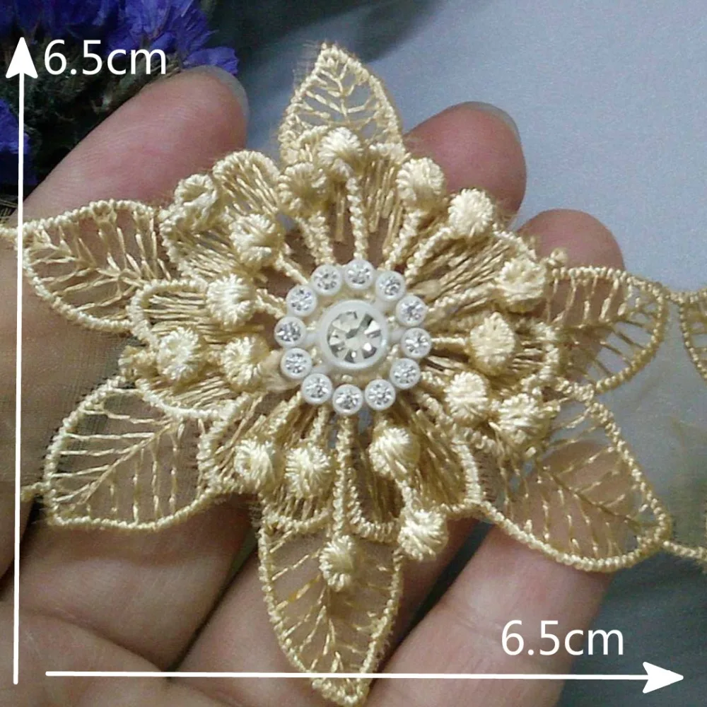 10 шт. Золотая 6 5x6 5 см 3D хлопковая жемчужная Цветочная вышитая кружевная отделка