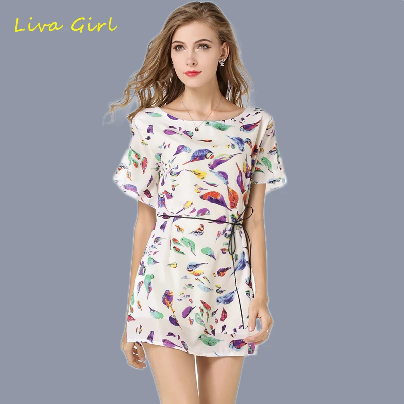 LIVA GIRL Горячих Женщин Пояса Мини Dress Новое Лето Элегантный Свободные печать Птицы