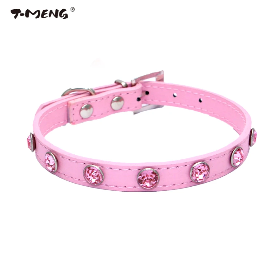 

T-MENG Bling Pet Dog Collar Led 1Row Rhinestone PU Leather Puppy Dog Collars Bell Cat Neck Strap For Small Dogs Pet Accessories
