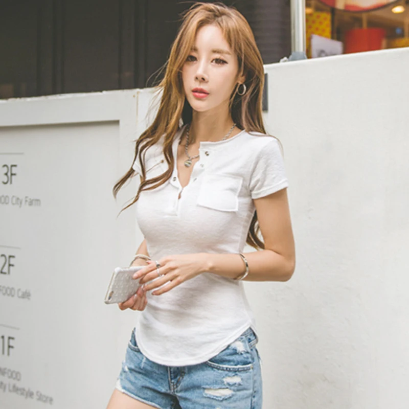 Casual Korean tee shirt 2018 Summer T-Shirt Women Tops Sexy Slim Cotton Short Sleeve Button Pockets Patchwork Pink T Shirt Femme | Женская