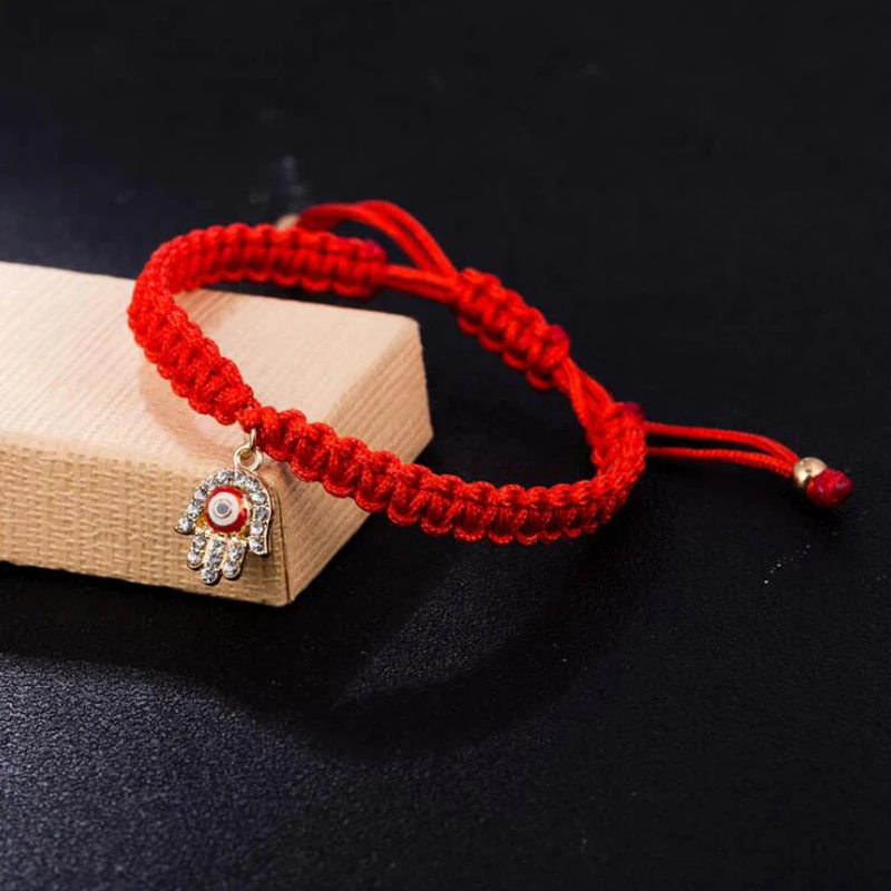Женский плетеный браслет Fatima красный с подвесками в виде глаз стразы Турция |
