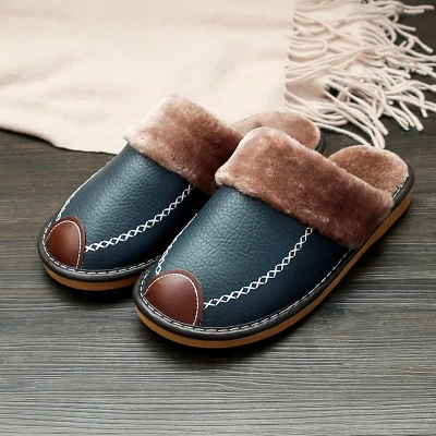 navy Blue Мужские Тапочки Черные новые зимние тапочки из искусственной кожи теплые домашние тапочки водонепроницаемые домашние тапочки мужские теплые кожаные Тапочки - Цвет: navy Blue