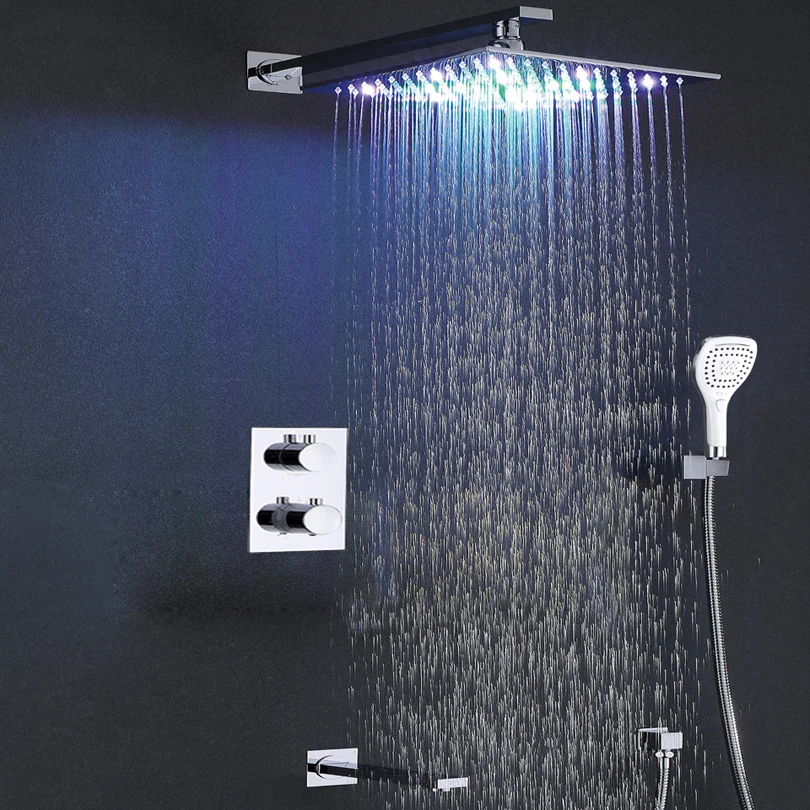 

Bathroom Rain Shower Set Thermostat Bath Shower Faucet Valve Chrome Shower System Panel Brass Rainfall Colors LED Shower Head
