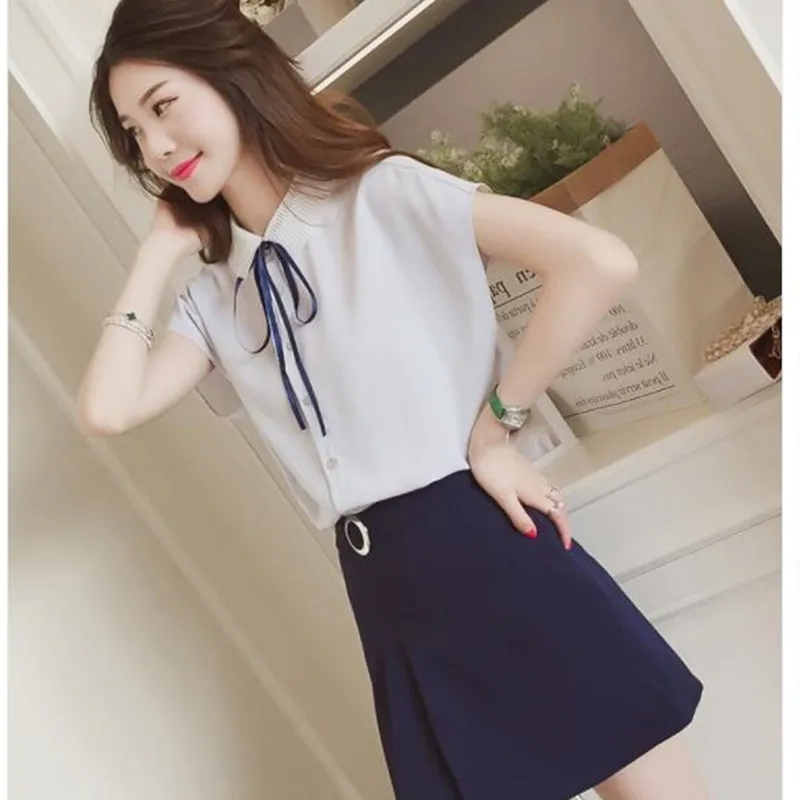 Свободная маленькая свежая шифоновая рубашка с коротким рукавом и бантом