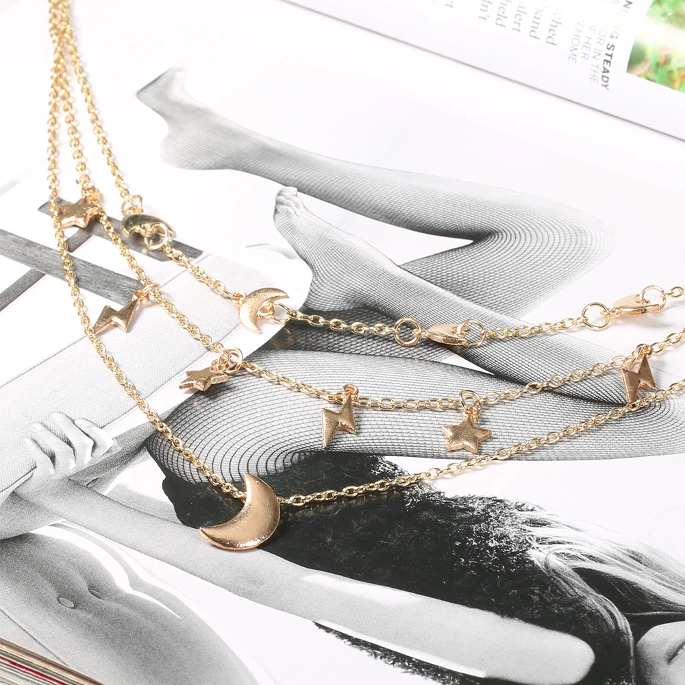 3 слоя луна звезды молния трендовая золотая цепочка Милая Личность Мода