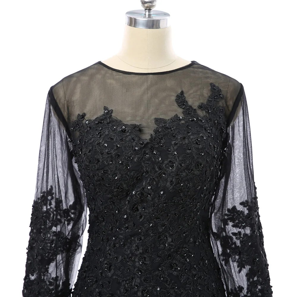 

Black Prom Dresses Mermaid Long Sleeves Chiffon Lace Beaded See Through Women Long Prom Gown Evening Dresses Robe De Soiree
