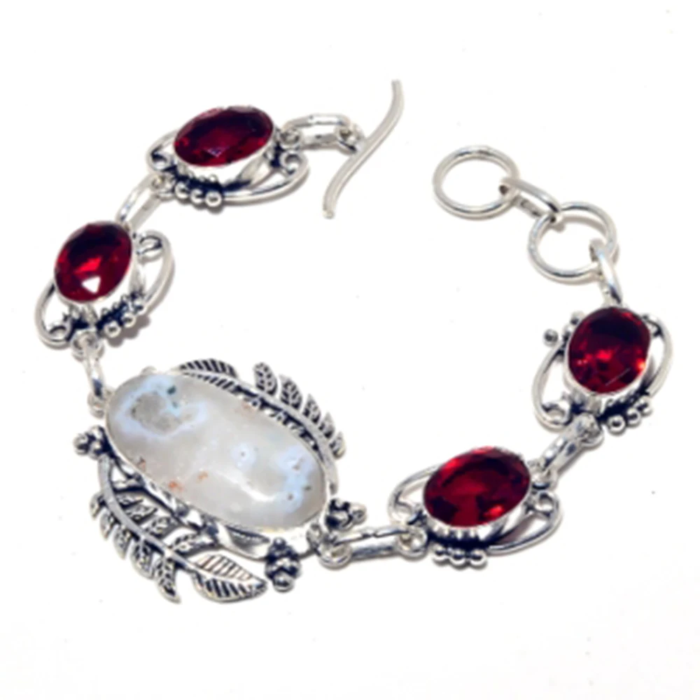 

Moss Agates,Garnets Bracelet Silver Overlay over Copper, 21cm , FRB0041