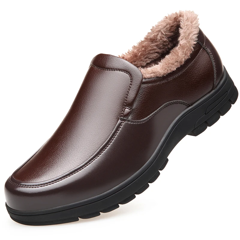 Russia Style Winter Men Leather Boots Fashion Slip On Driving Loafers Plush Male Warm Snow Breathable Flats Shoes MUHUISEN | Обувь