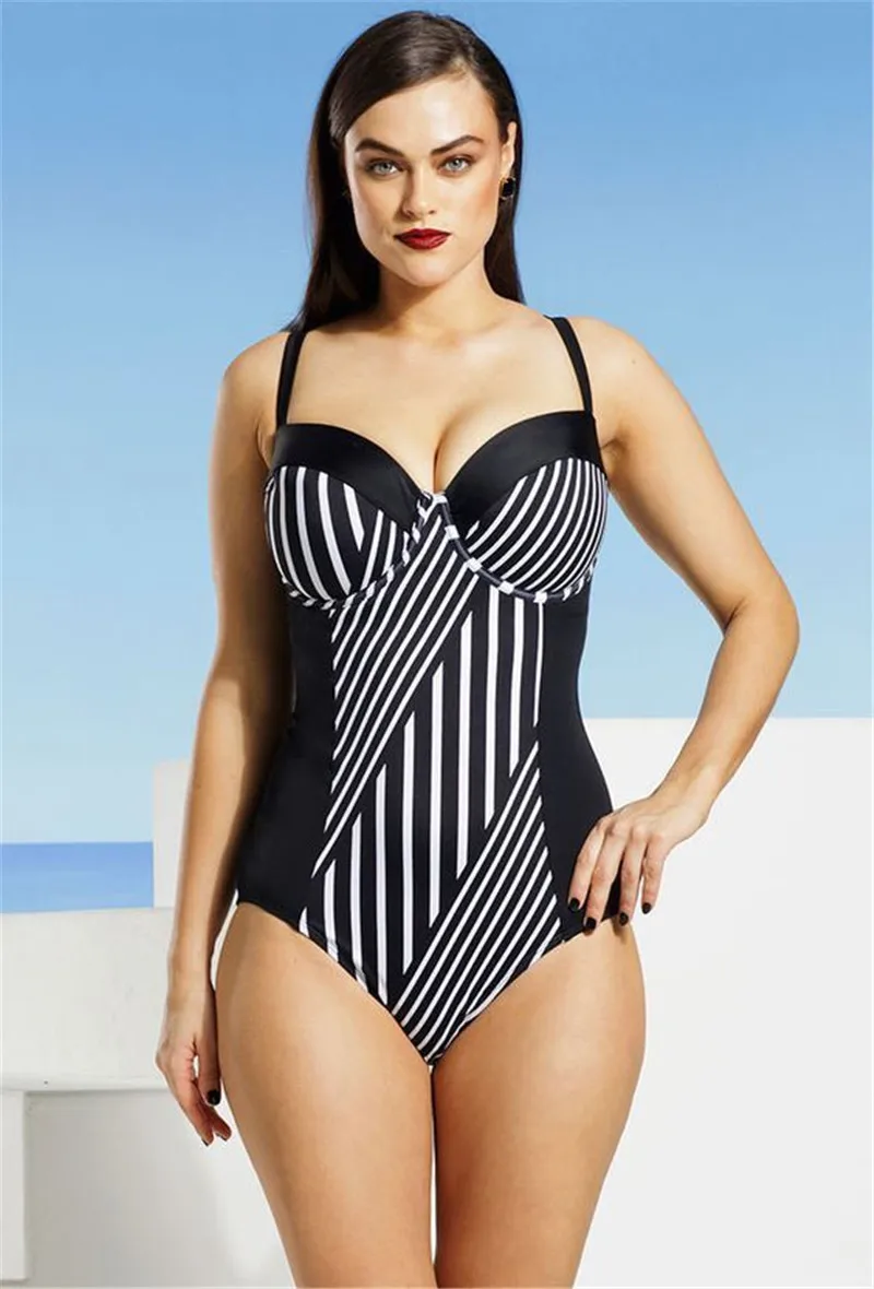 Женский слитный купальник размера плюс 2017 с чашками пуш ап и полосками|swimsuit