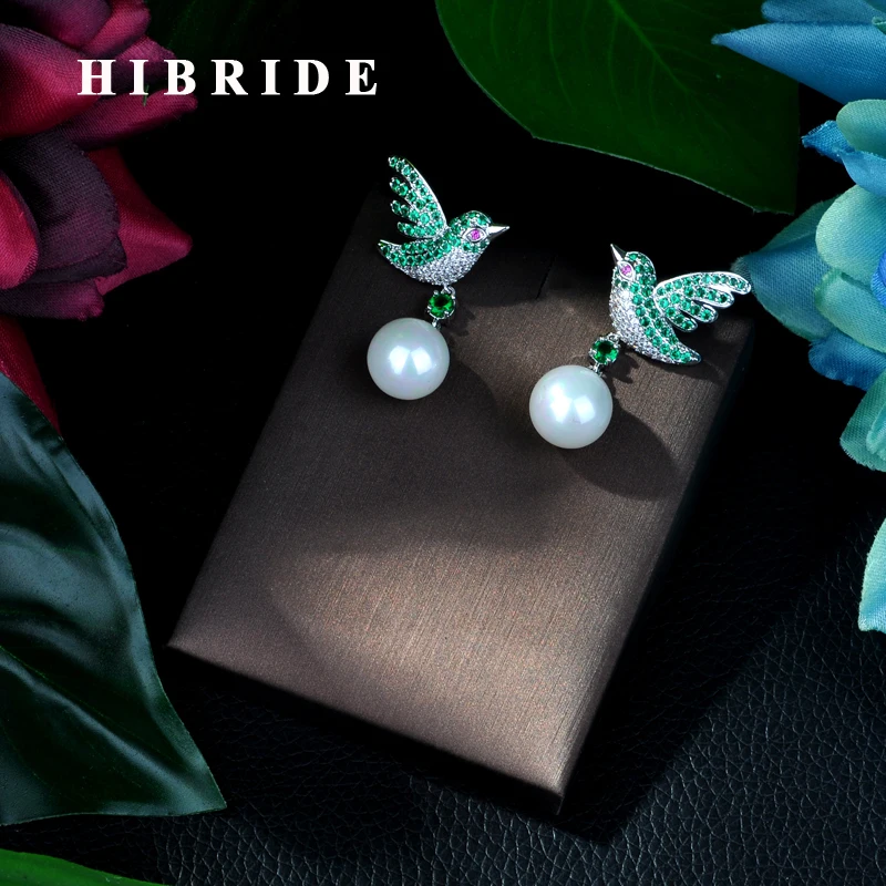 

HIBRIDE New Fashion Jewelry Drop Design Bird Shape Earrings Shining AAA CZ Drop Earrings Multicolor Brincos Statement E-59