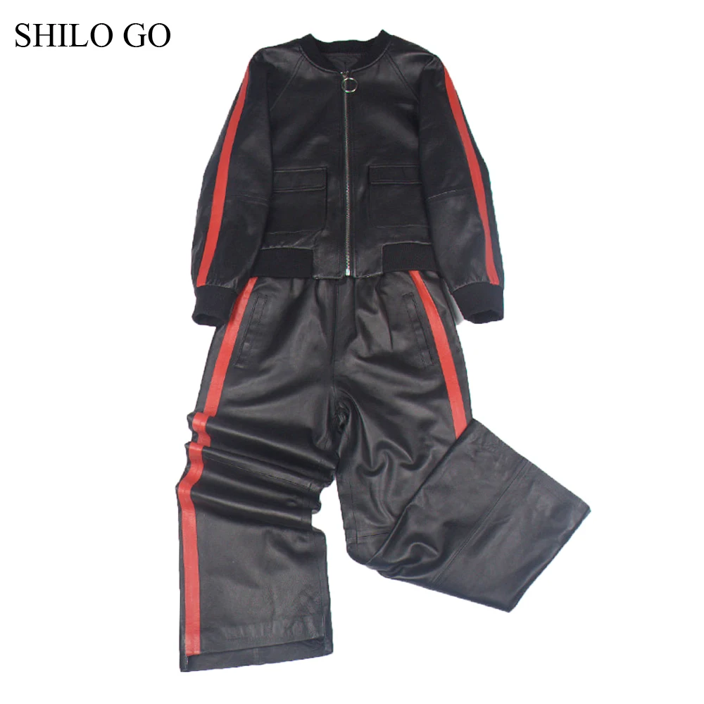 SHILO GO кожаный костюм женские осенние модные комплекты из натуральной овечьей кожи с воротником-стойкой Лаконичные кожаные куртки в полоску брюки