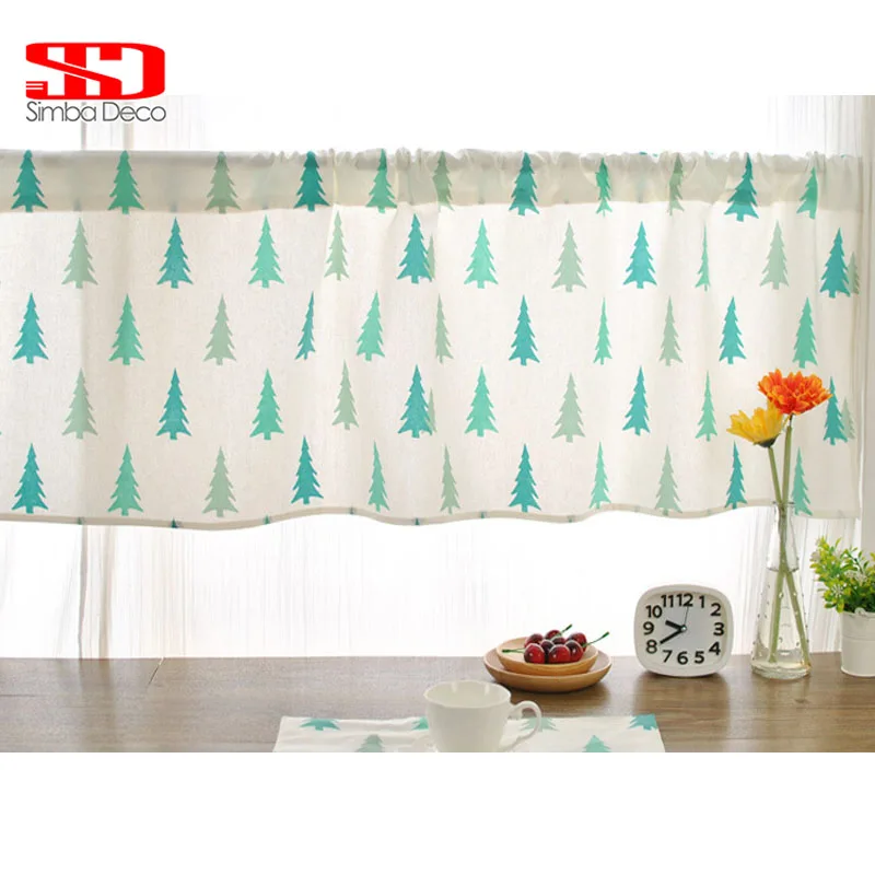 Короткие шторы Simba Deco из зеленой сосны для кухни хлопковые льняные с принтом