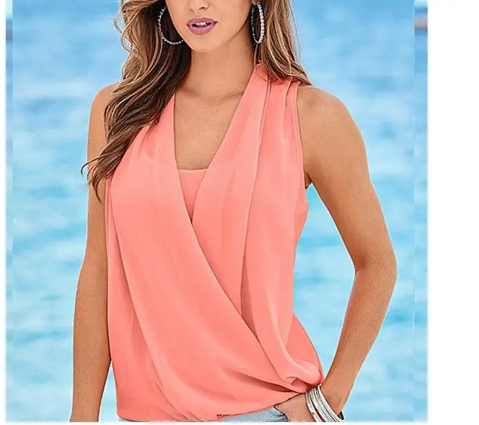 Женская Трикотажная майка без бретелек однотонная шифоновая с V-образным вырезом