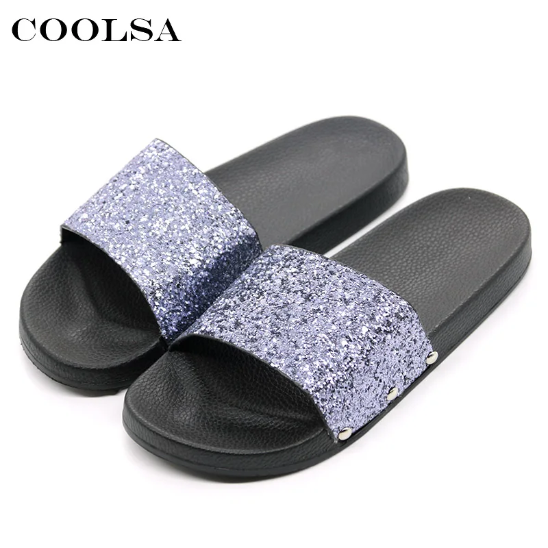 Coolsa новый летний Для женщин шлепанцы Bling Шлёпанцы для сверкающими Блёстки