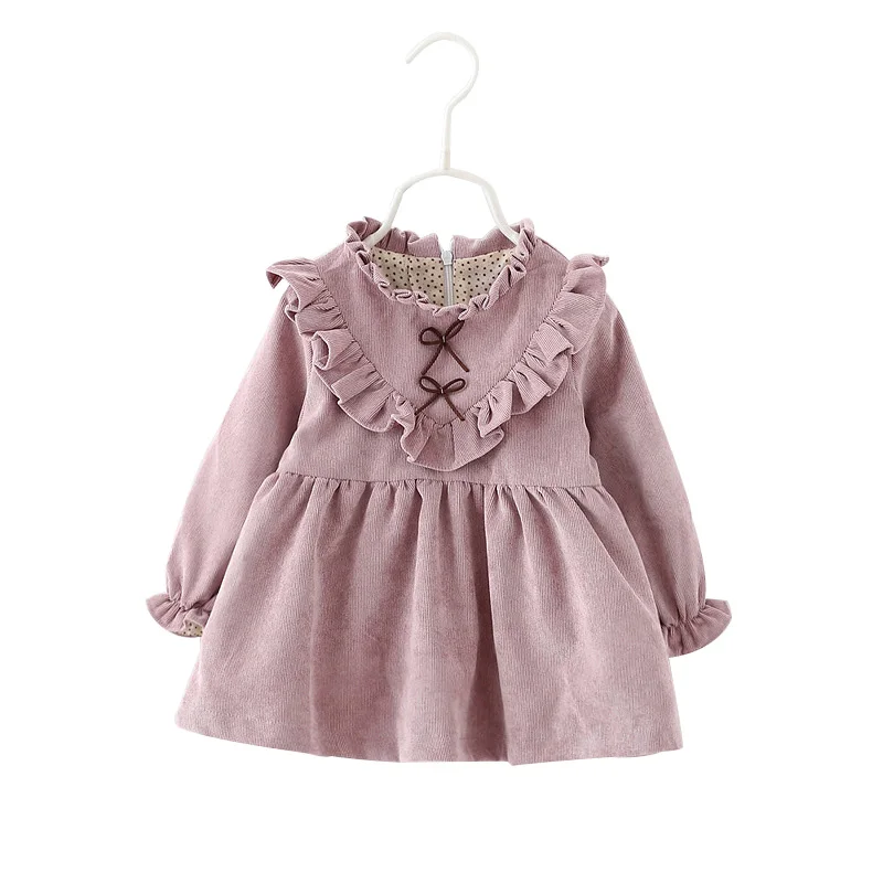 Purple baby dress Новое вельветовое платье для маленьких девочек; демисезонные платья с длинными рукавами для малышей; Одежда для девочек; однотонное платье с оборками в английском стиле; vestido infantil - Цвет: Purple baby dress