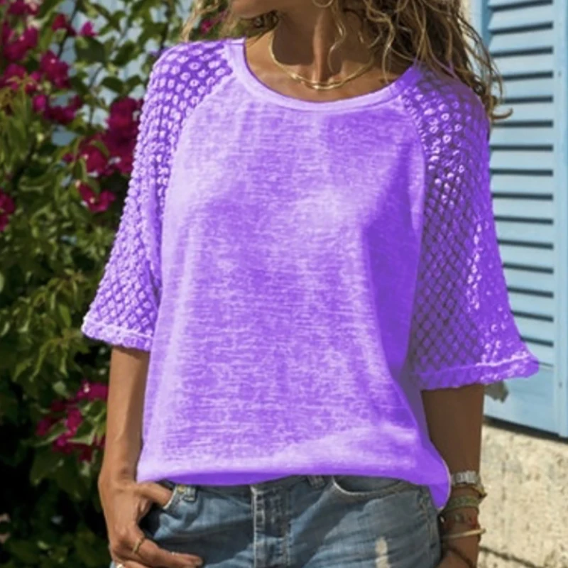 Женская футболка повседневная Кружевная с вышивкой и круглым вырезом топы