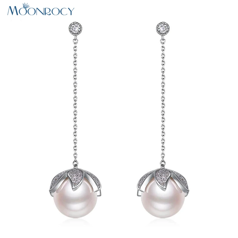 MOONROCY Free Shipping Fashion Jewelry Cubic Zirconia Flower Austrian Crystal Imitation Pearl long Earrings Gift for women | Украшения и