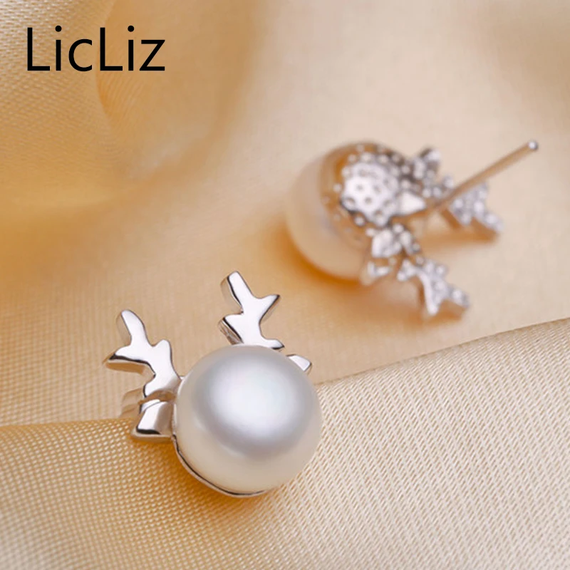 LicLiz Freshwater Pearl Deer Earrings Women Christmas Gift Natural Stone Stud 925 Silver Animal Earing Studs LAE0039 Украшения и