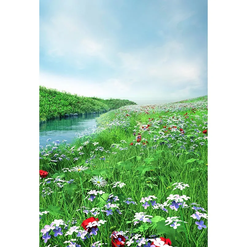 

5x7ft Green Grass Field Flowers Bank River Washable No Wrinkle Banner Photo Studio Background Backdrop Thicker Polyester Fabric