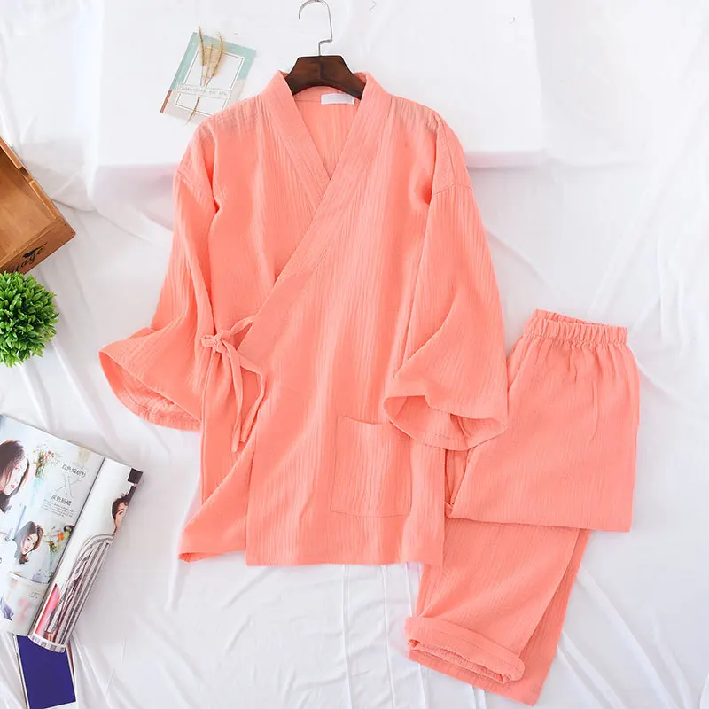 100% Cotton Crepe Men's and Women's Kimono Pajamas Long sleeved V Neck Pyjamas Women Suit Solid Plus Size Pijama Mujer|Комплекты
