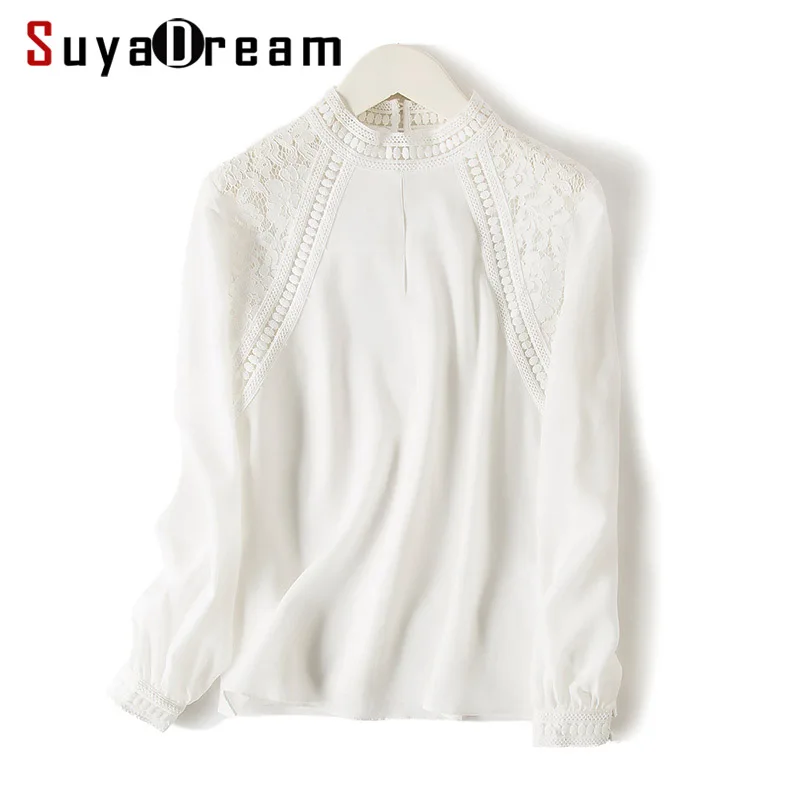 SuyaDream Women White Blouse 100% REAL SILK Crepe Lace Stand Collar Office Lady Blouses 2019 Spring Autumn Chic Shirt