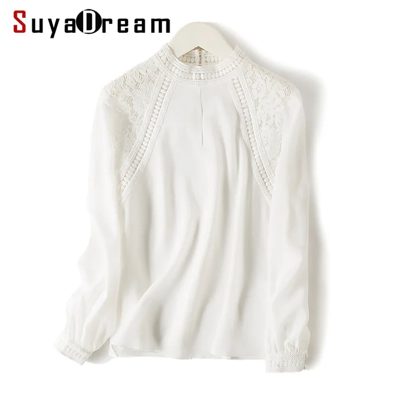 Женская белая блузка SuyaDream офисные блузки из 100% натурального шелка с кружевом и