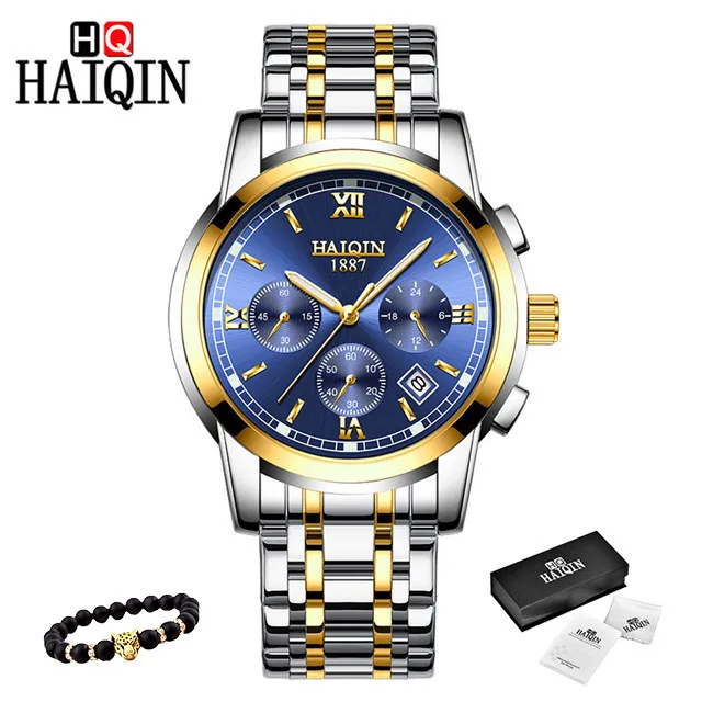 HAIQIN, мужские часы, новые военные Роскошные брендовые часы, мужские кварцевые часы из нержавеющей стали, мужские модные часы с хронографом, Relogio Masculino - Цвет: S-gold blue