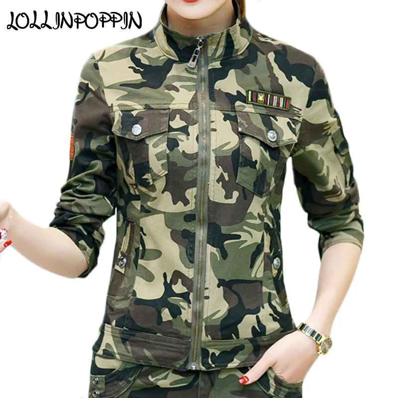 

Womens Military Camouflage Jacket With Chest Flap Pockets Stand Collar Ladies Army Coat Flag Badge At Sleeve Slim Camo Jackets