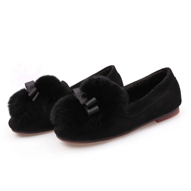 Cute Princess Shoes Velvet Bowknot Girls Flat Real Rabbit Hair Baby Loafers Kids Warm Slip on Childrens Winter | Детская одежда и
