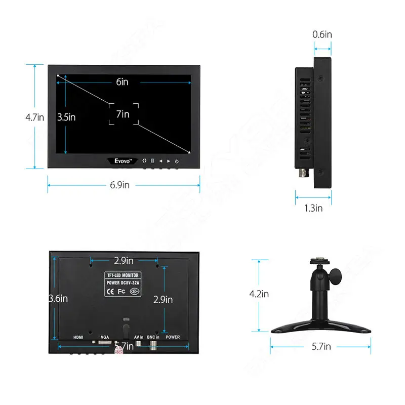 Eyoyo 7 &quotдюймов Мониторы HDML VGA BNC видео audio16: 9 HD 1024*768 Экран для видеонаблюдения DVR