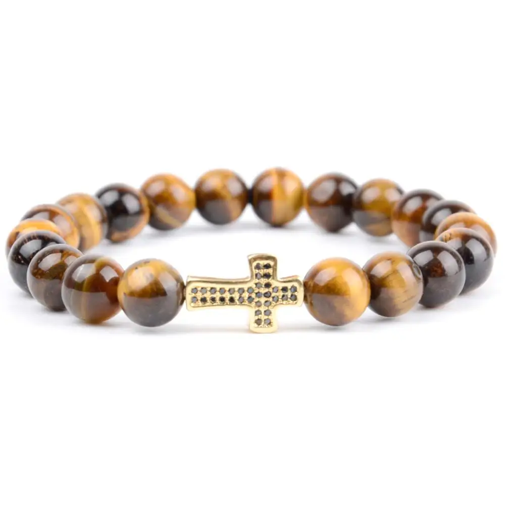 yellow tiger eye Браслет из натурального камня, мужские бусы с тигровым глазом, Cz браслеты с крестообразной подвеской и браслеты для женщин, христианские ювелирные изделия ручной работы - Окраска металла: yellow tiger eye