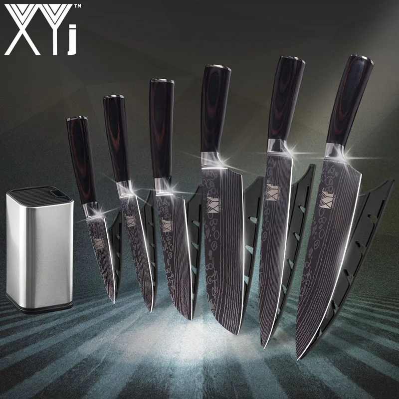 Кухонный нож XYj, 6 шт., имитирующий дамасский узор, 8 дюймов, 7 дюймов, 5 дюймов, 3,5 дюймов, набор ножей из нержавеющей стали+ 8 дюймов, Держатель ножей, чехлы для ножей - Цвет: A. 7 Pcs Set