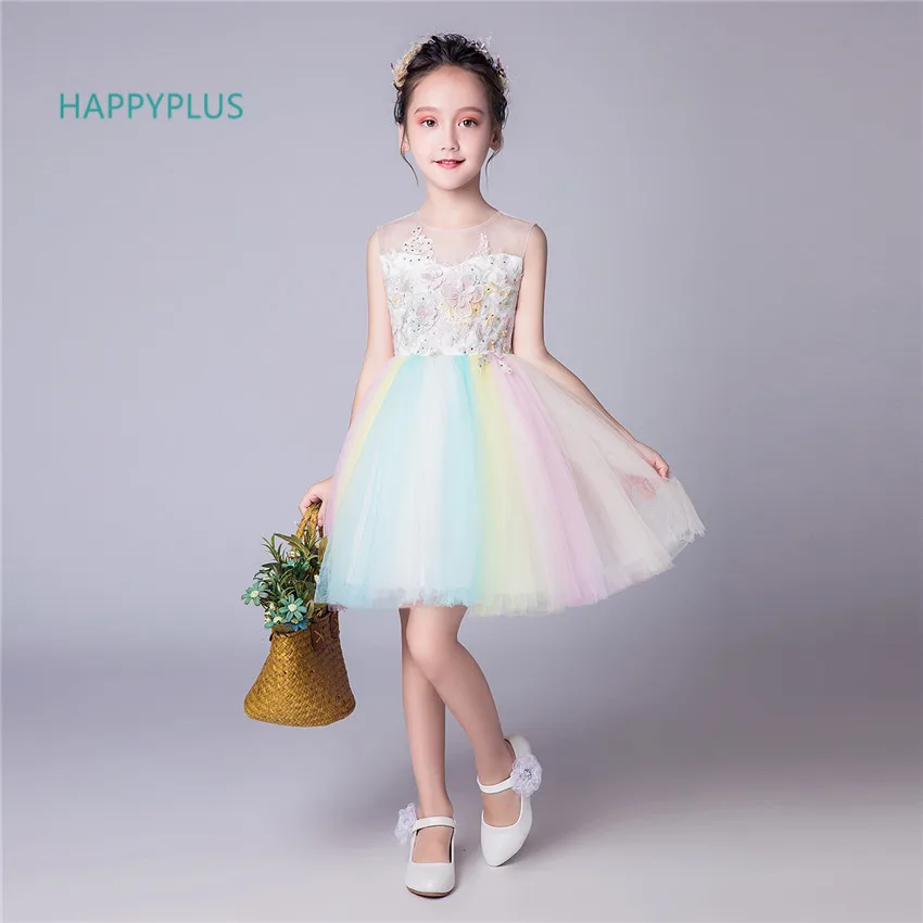 HAPPYPLUS радужные платья для девочек вечерние принцессы с цветами новогоднее платье
