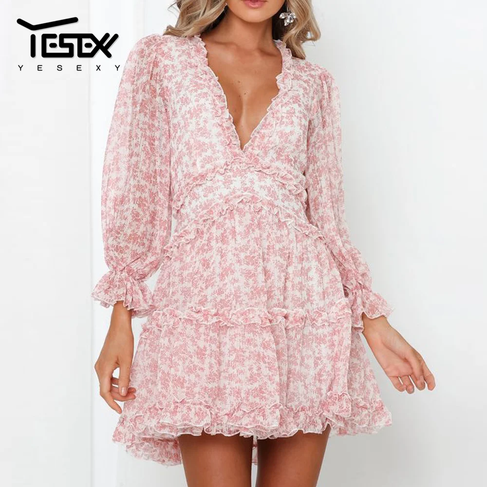 Yesexy 2019 летние женские мини платья с глубоким v образным вырезом и цветочным