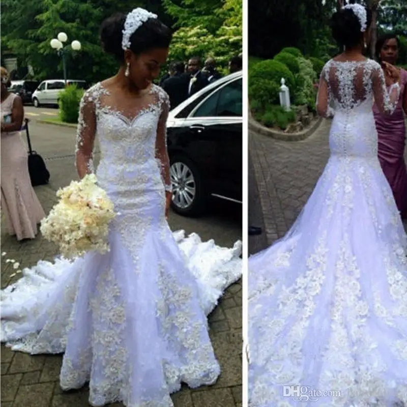 2019 Африканский Robe De Mariage Sheer одежда с длинным рукавом Русалка полный кружево