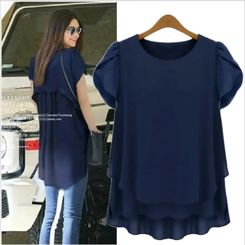2017 Summer Large Size Women New European Style Fashion Womens Shirt Loose Fake Two Solid Chiffon Tops Casual Plus M-6XL |
