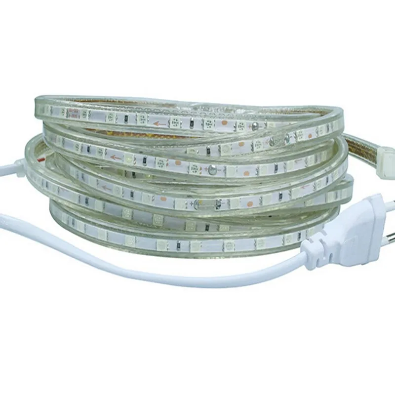 Laimaik AC 220 В светодиодная лента Водонепроницаемый IP67 LED Клейкие ленты 60leds/M 5050SMD rgb гибкая 5 м 10 М Строка Освещение с Мощность plug